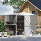 Warm gray metal storage shed with front doors open, showing shelving and garden items
