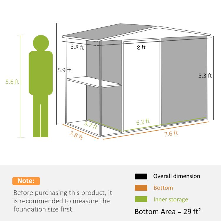 Garden shed size diagram with dimensions and height/width labels