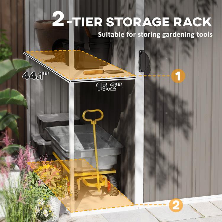 Warm gray metal shed interior with a two-tier storage rack and gardening tools