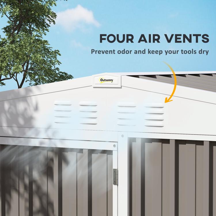 Warm gray metal shed roof with four vent openings above the front door area