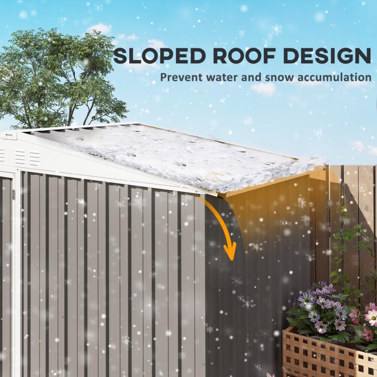 Warm gray metal shed with sloped roof design and side wall panels