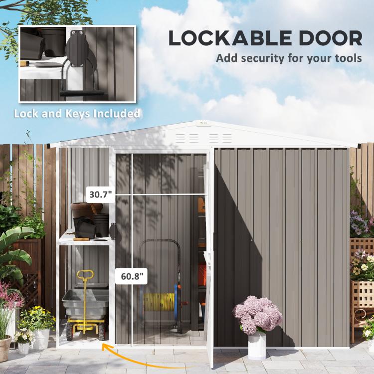 Warm gray metal shed with lockable front door and interior storage visible
