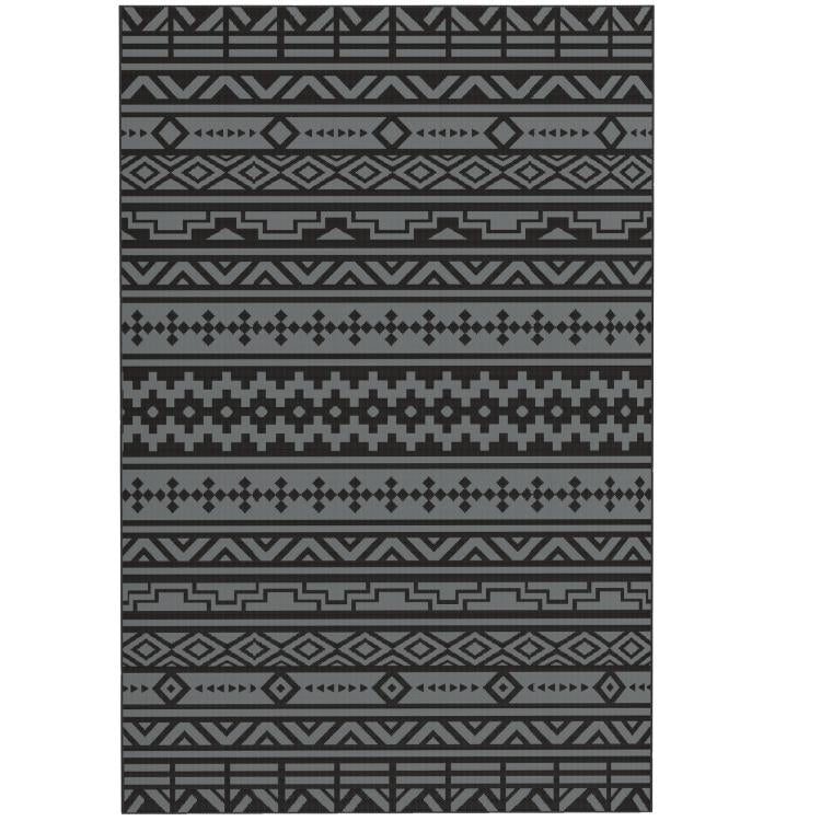 Outdoor rug panel with repeating black and gray geometric bands and motifs
