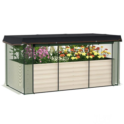 Galvanized steel planter box with crop cage and beige raised bed front panel, shade top