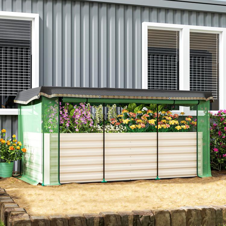 Galvanized steel planter box with crop cage and beige bed panels, shade cloth on top
