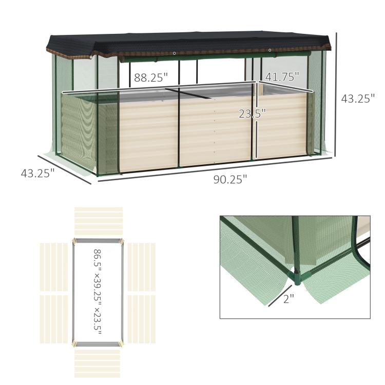 Galvanized steel planter box dimensions diagram with beige raised bed and black mesh frame
