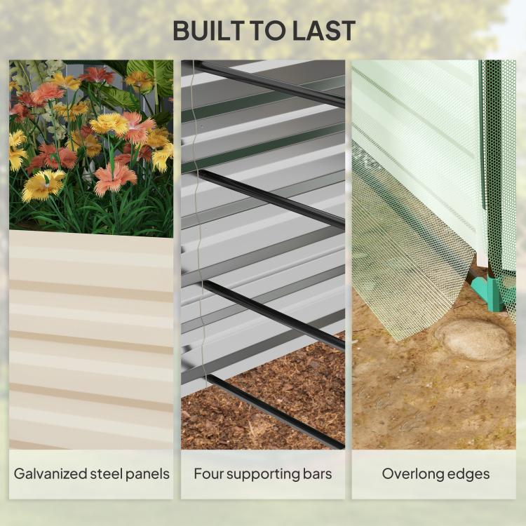 Galvanized steel planter box features: galvanized panels, support bars, and overlong edges