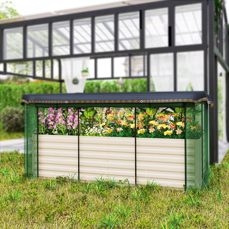 Galvanized steel planter box with crop cage and beige bed, topped with shade cloth