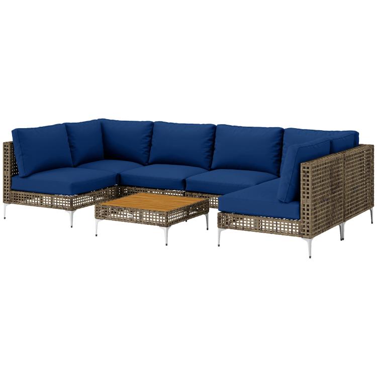 Blue-cushioned outdoor sectional corner sofa set with woven wicker arms and square coffee table