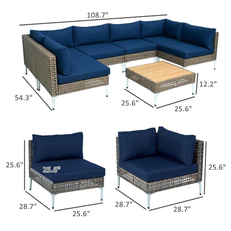Blue cushion modular patio sectional with woven wicker frame and square coffee table