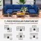 7-piece modular patio furniture set with blue corner and arm seating plus coffee table