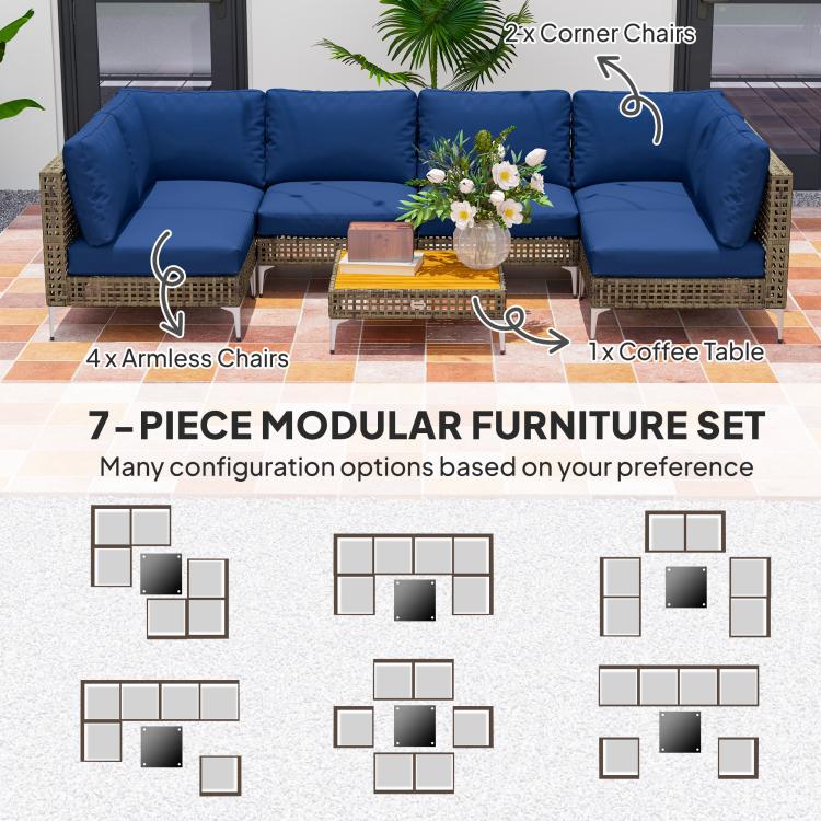 7-piece modular patio furniture set with blue corner and arm seating plus coffee table