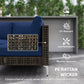 Blue outdoor sectional couch with woven wicker back corner detail