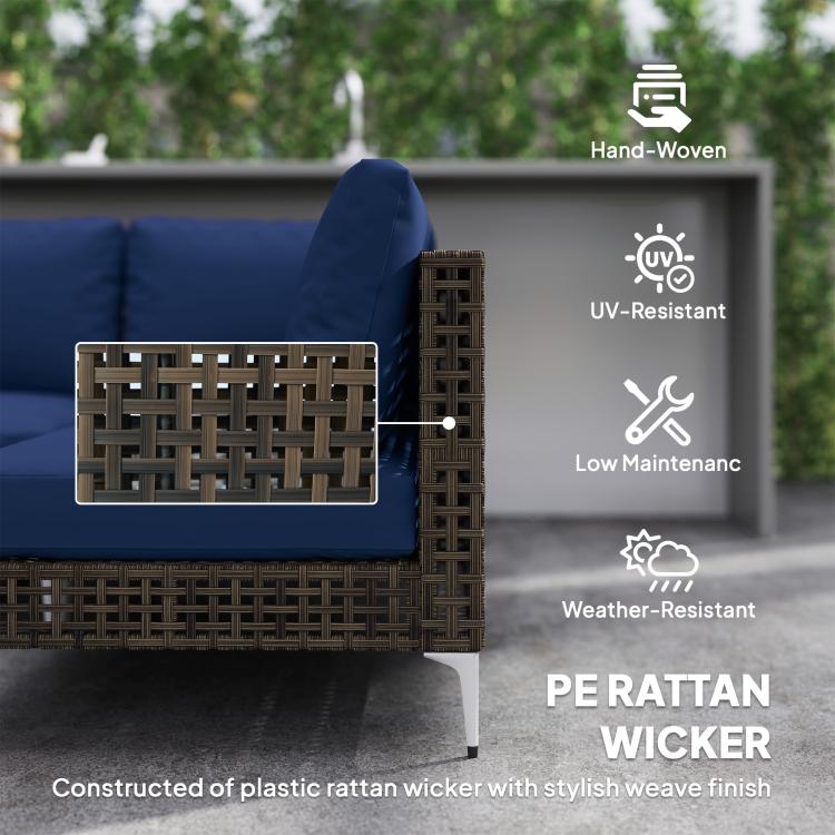 Blue outdoor sectional couch with woven wicker back corner detail
