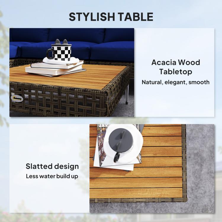 Acacia wood tabletop coffee table on woven wicker frame with slatted design