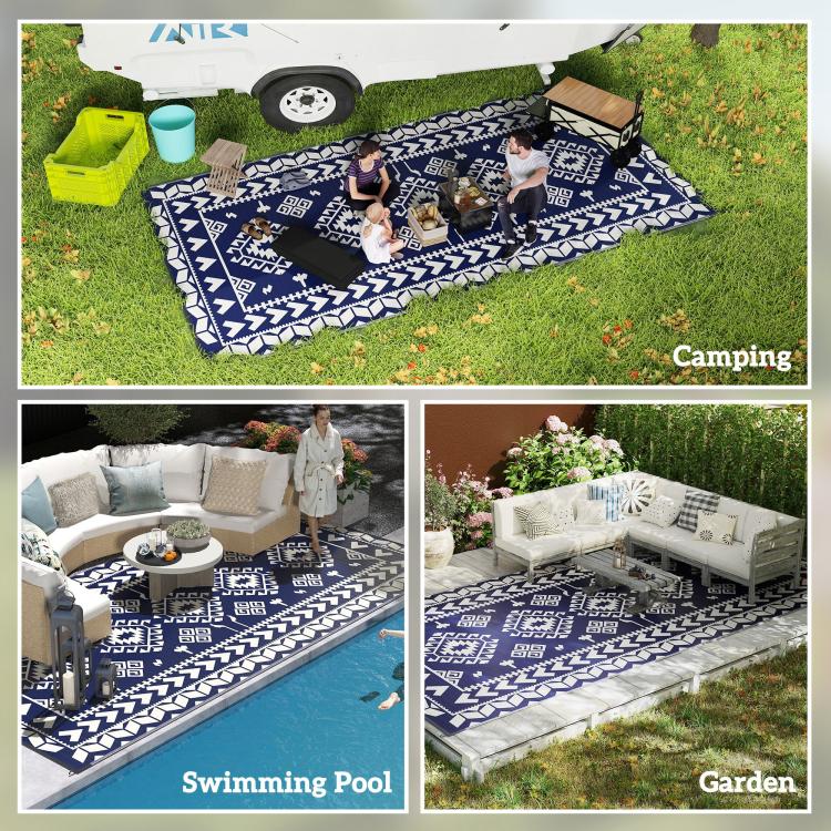 Blue-and-white outdoor rug laid outdoors with repeating tribal geometric pattern