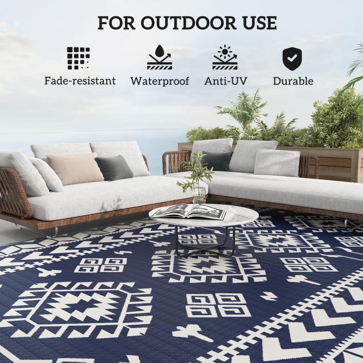 Blue-and-white geometric outdoor rug with dense repeating tribal block motifs