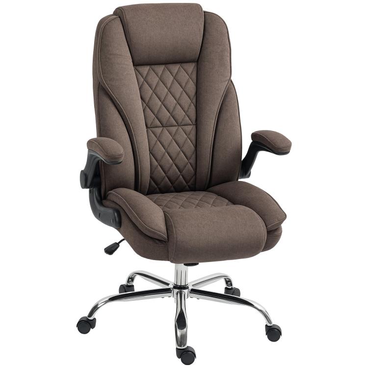 Dark brown fabric executive office chair with quilted back and padded seat, chrome base