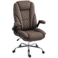 Dark brown upholstered office chair with quilted back, flip-up armrests, and padded seat