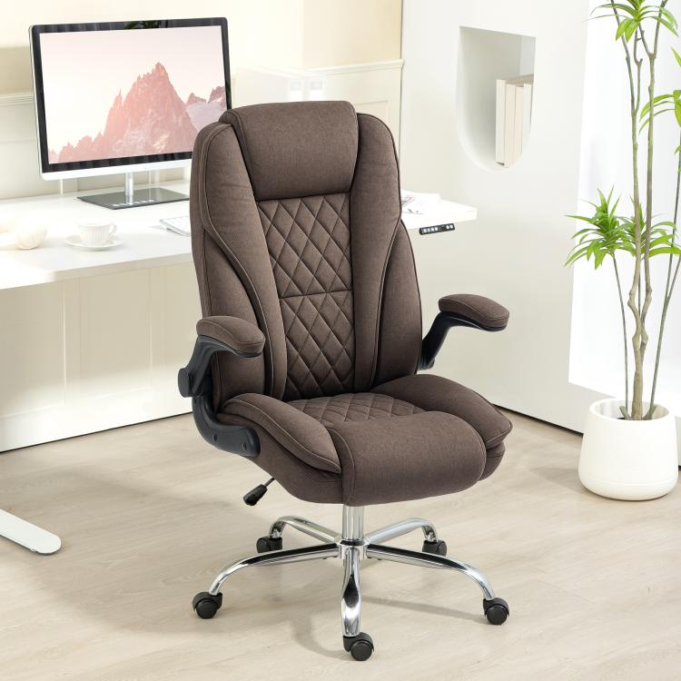 Dark brown high-back office chair with quilted back panel and flip-up armrest