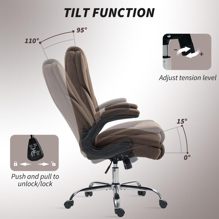 Tilting dark brown office chair with adjustable tension and flip-up armrest