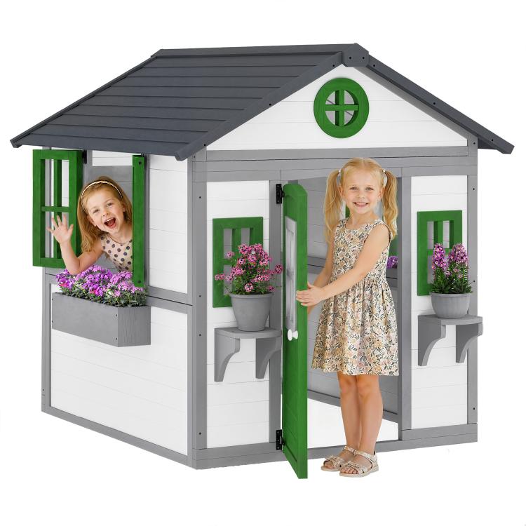 White wooden kids playhouse with green door, shutter windows, and flower planter boxes