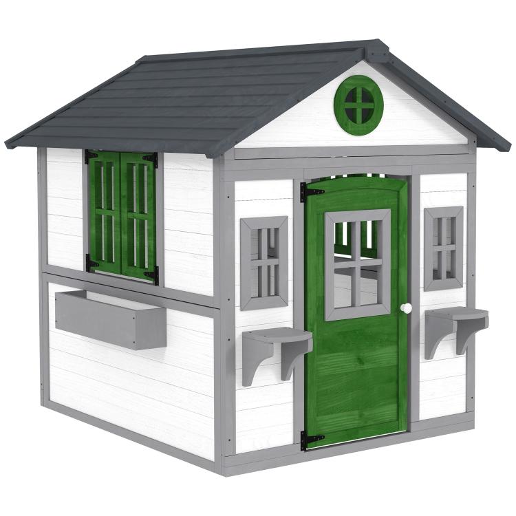 Wooden playhouse with white walls, green door, windows, and black roof overhang