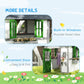 White wooden playhouse interior and doorway view, green door with built-in windows