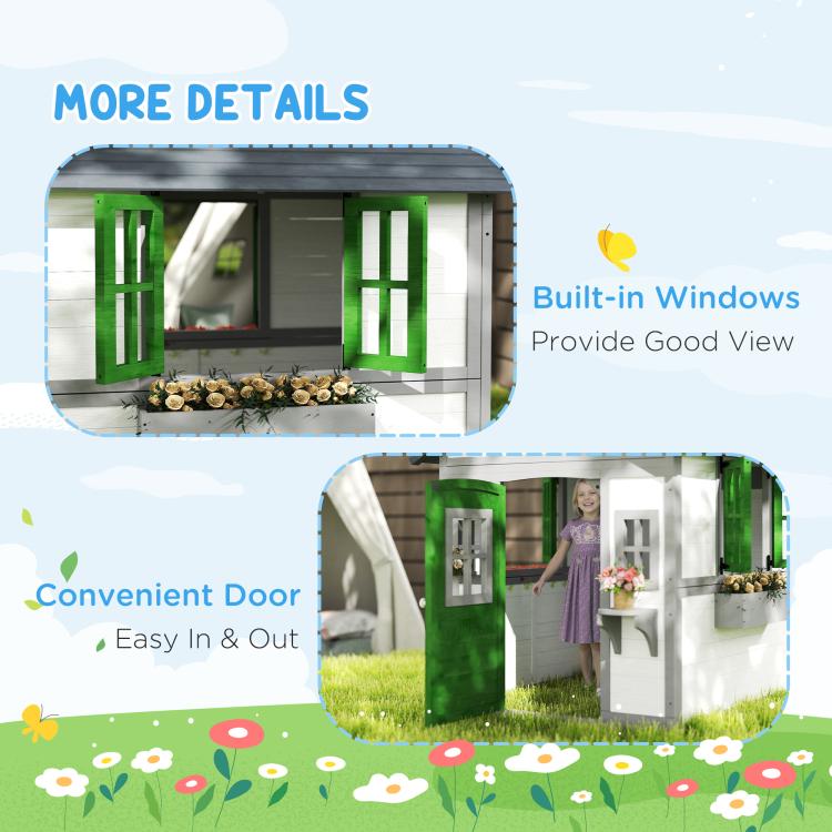 White wooden playhouse interior and doorway view, green door with built-in windows