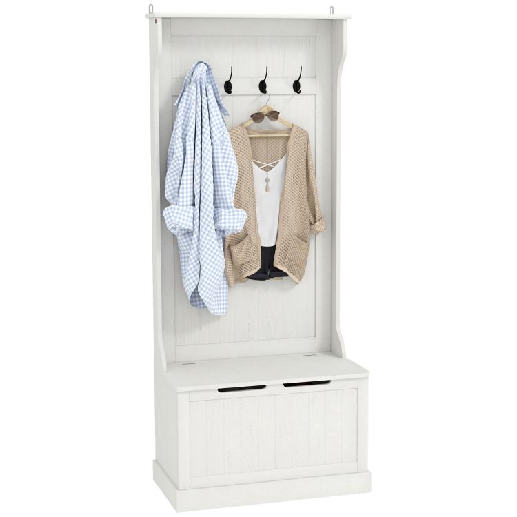 Cream white hall tree with coat rack, hooks, and closed storage bench