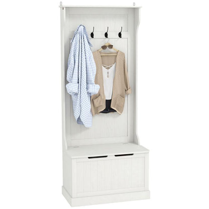 Cream white hall tree with coat rack, hooks, and closed storage bench