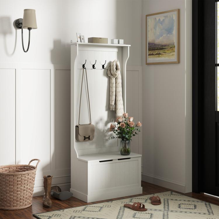 Cream white hall tree with coat hooks, lower bench, and top shelf