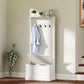 Cream white hall tree with coat hooks and raised storage bench lid