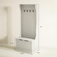Cream white hall tree with coat hooks and storage bench with front panel
