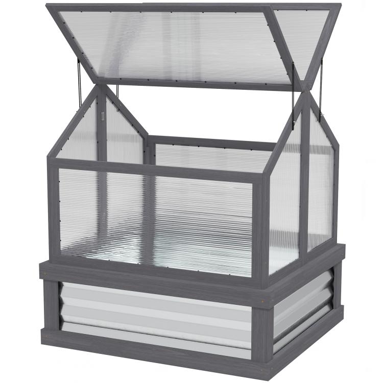 Gray greenhouse cold frame with clear panels and hinged open roof frame
