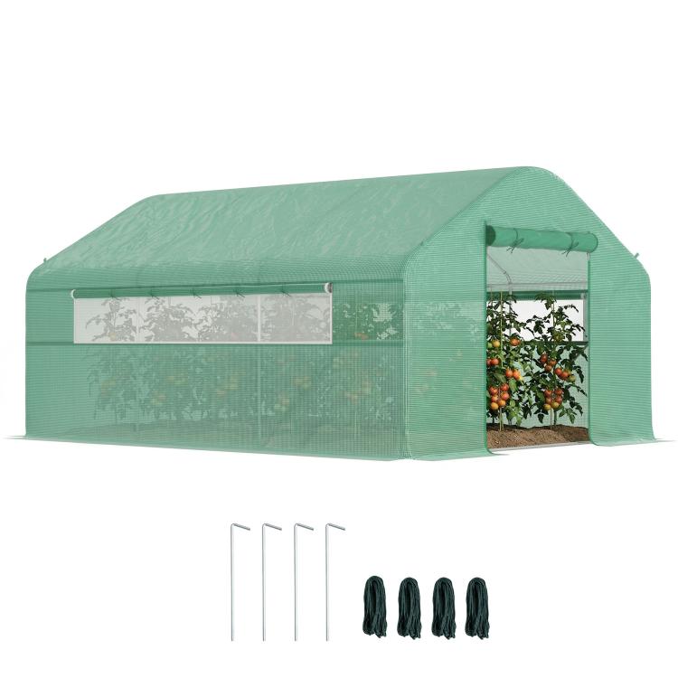 Green tunnel greenhouse with zippered end door and side window panel