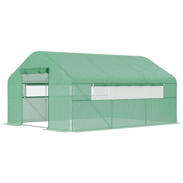 Green tunnel greenhouse with large side window and open front doorway