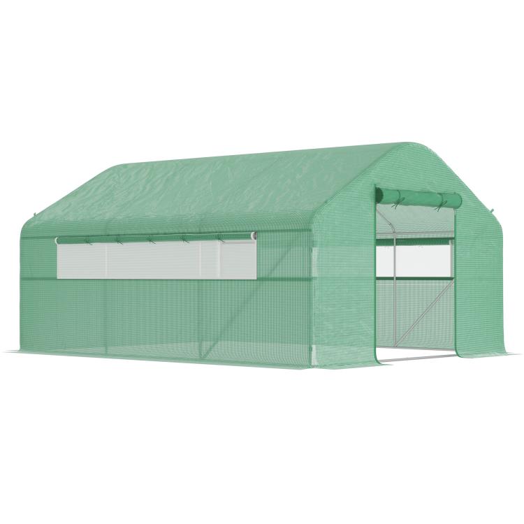 Green tunnel greenhouse with large side windows and arched entry door
