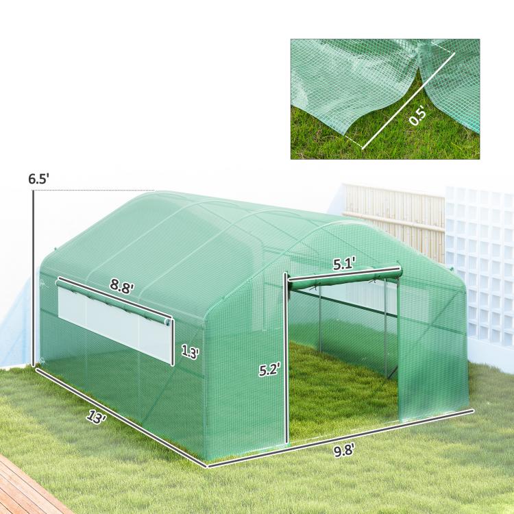 Green tunnel greenhouse with visible frame and labeled measurements on cover