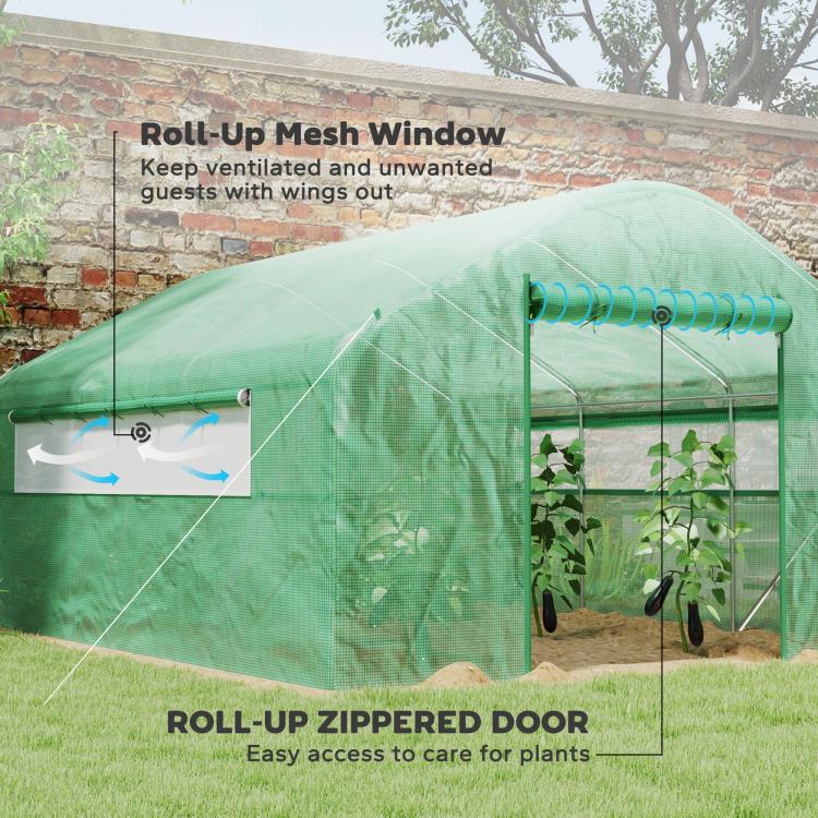 Green tunnel greenhouse with roll-up mesh window and zippered door entrance
