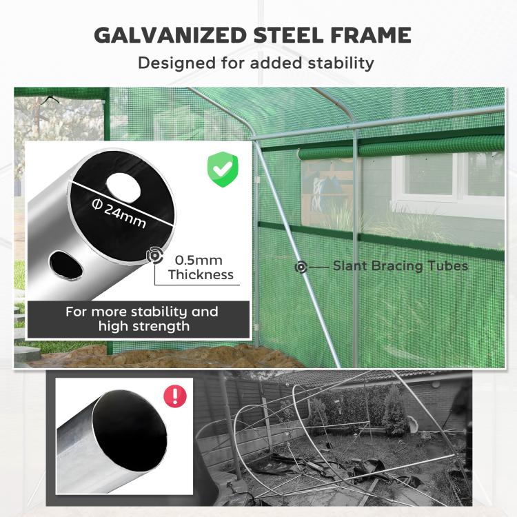 Green tunnel greenhouse with galvanized steel frame and slant bracing tubes