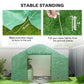 Green tunnel greenhouse with extended base edges and tied-down guy rope stakes