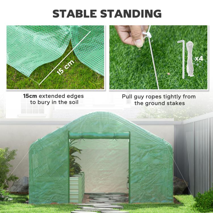 Green tunnel greenhouse with extended base edges and tied-down guy rope stakes