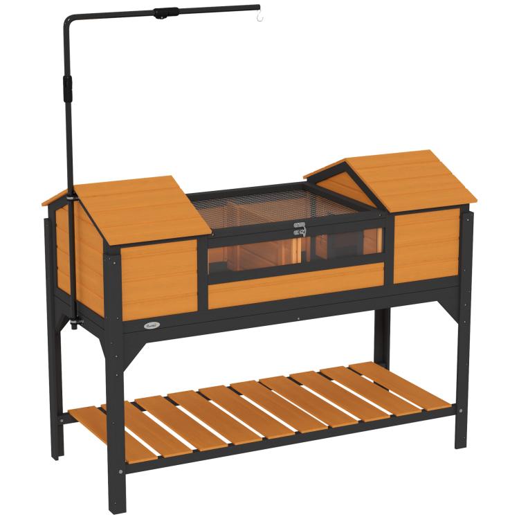 Yellow wooden tortoise enclosure with openable top, front acrylic window, and two basking hides