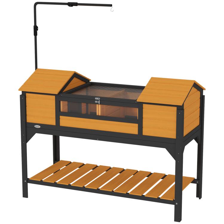 Yellow tortoise house enclosure with openable lids, front clear window, and wooden sliding side doors