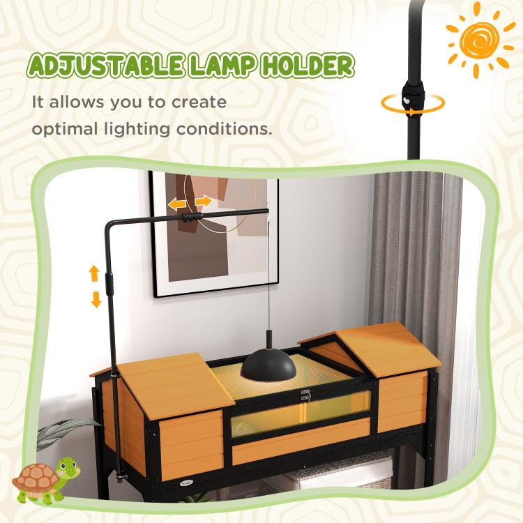 Yellow tortoise enclosure with adjustable lamp holder and two openable top lids