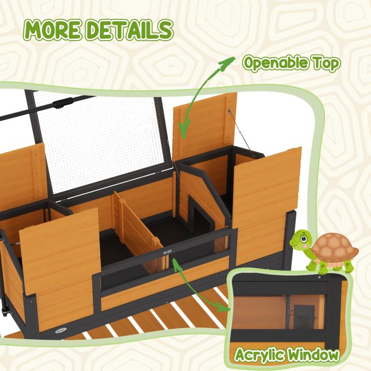 Yellow tortoise enclosure with openable top and acrylic side window, showing interior doors