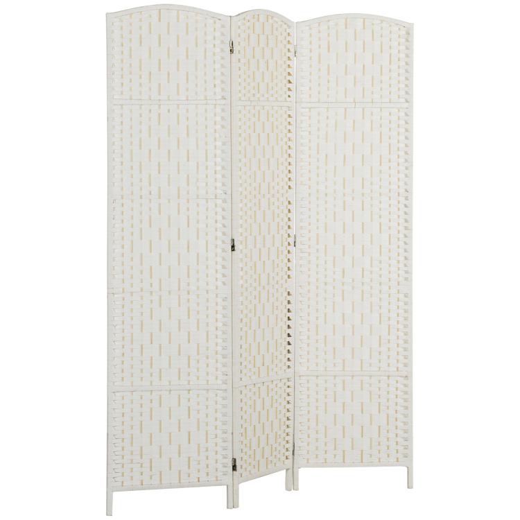 White 3-panel folding room divider screen with woven pattern and metal hinges