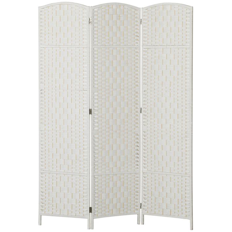 White 3-panel privacy screen folding divider with straight legs and woven panels