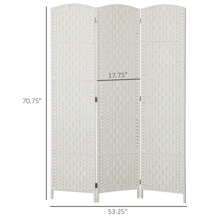 White 3-panel folding privacy screen, size measurements shown